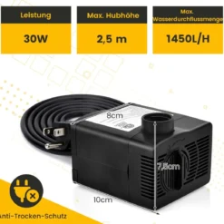 30 W Mini Aquarium Pumpe mit 2,5 m Hohem Hub & 1,83 m Netzkabel & 3 Düsen Wasserpumpe 1400 L/h