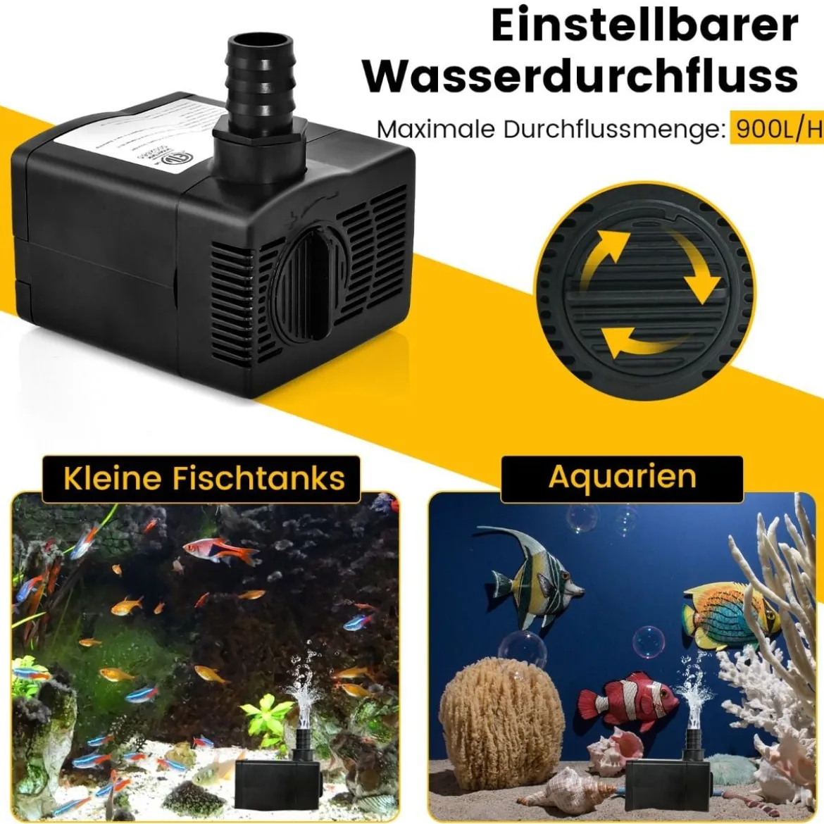 22 W Mini Aquarium Pumpe mit 2,2 m Hohem Hub & 1,83 m Netzkabel & 3 Düsen Wasserpumpe 900 L/h