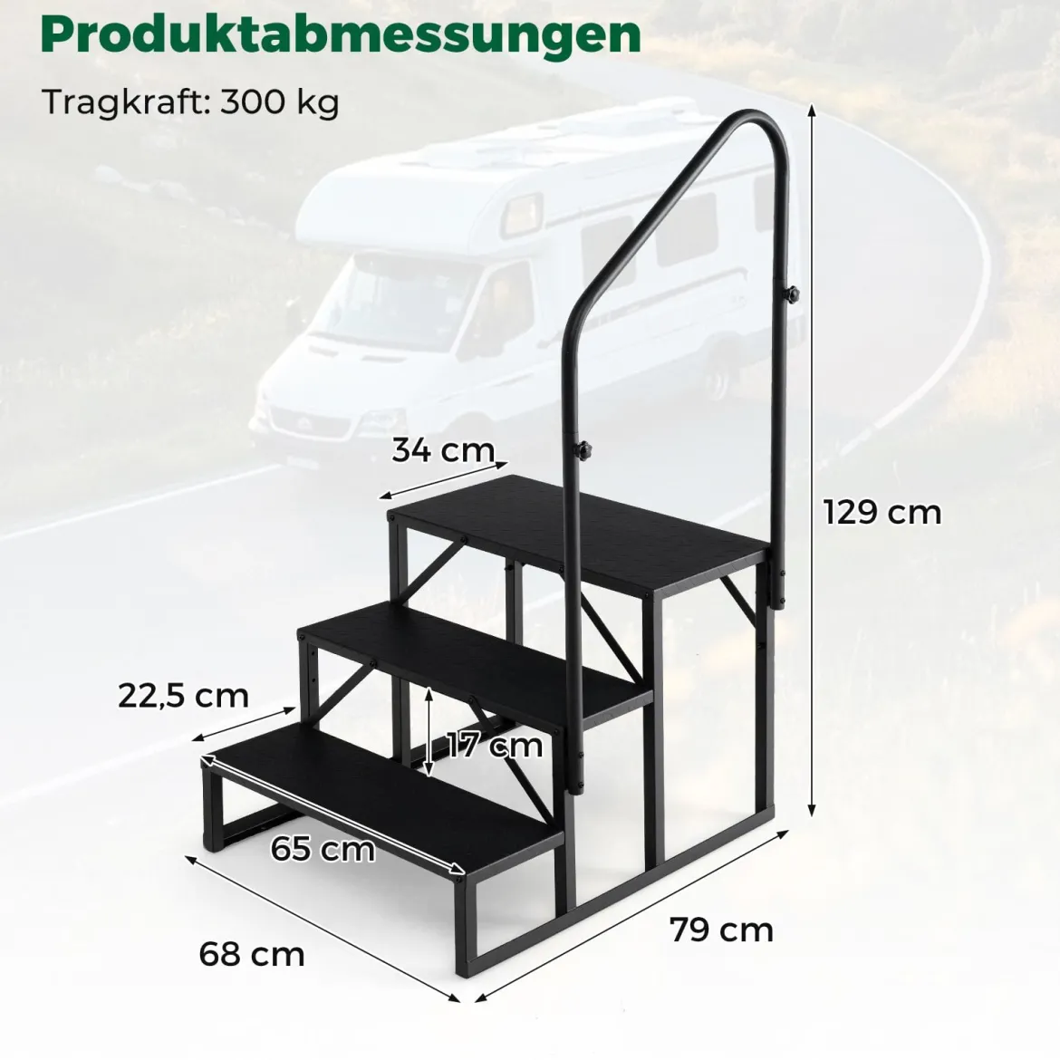 Wohnmobil-Treppe mit Handlauf Schwerlast-Treppenstufe für Whirlpool mit breiten rutschfesten Plattformen Schwarz