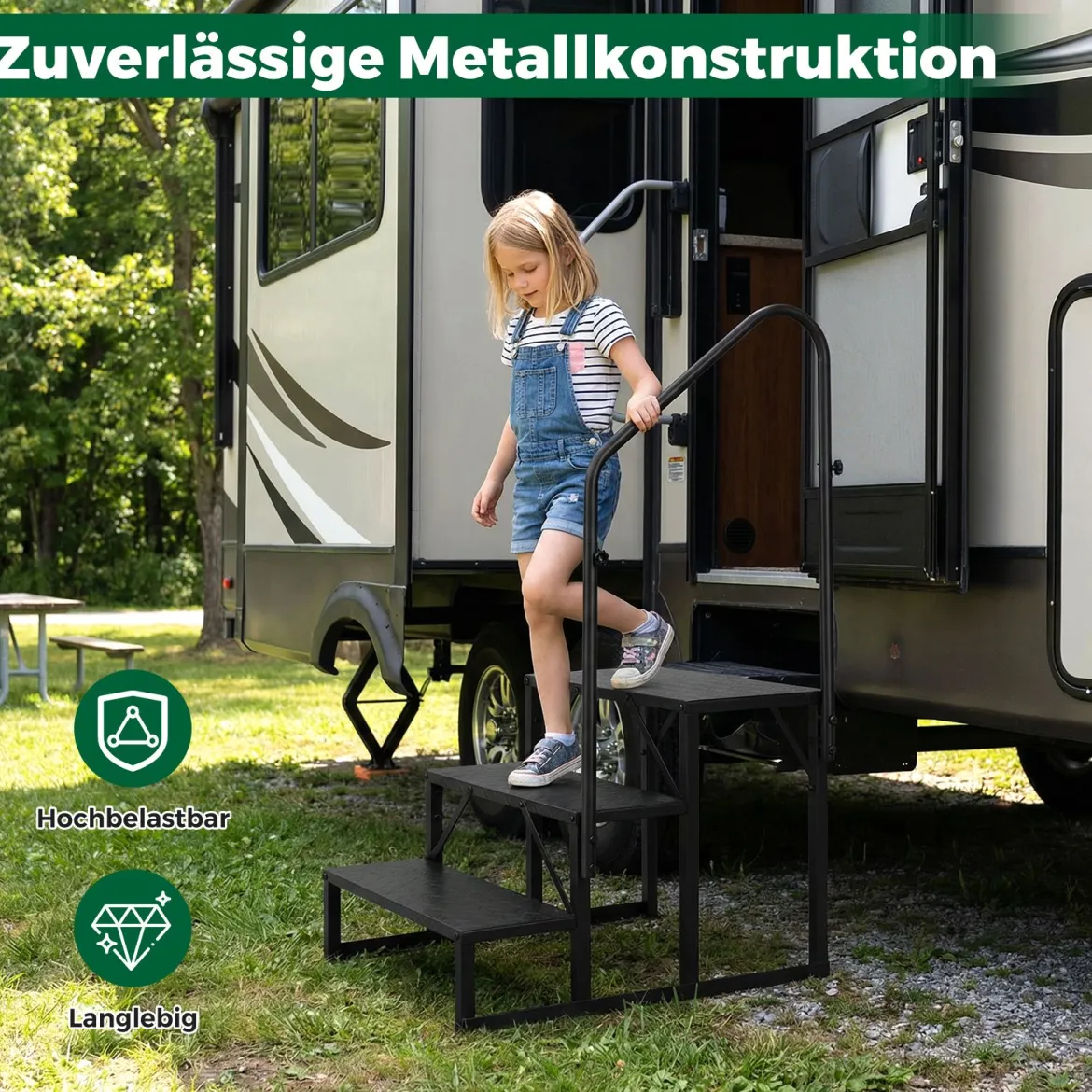 Wohnmobil-Treppe mit Handlauf Schwerlast-Treppenstufe für Whirlpool mit breiten rutschfesten Plattformen Schwarz