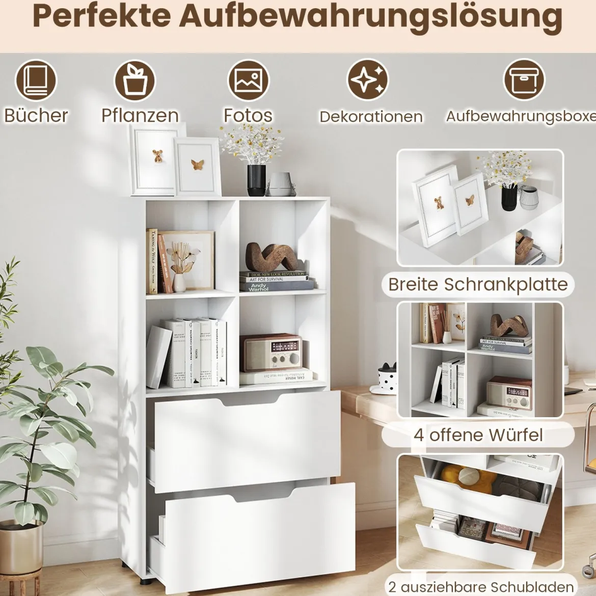 4-Würfel Bücherregal mit 2 Schubladen 130 cm 5-stufiges freistehendes Regal Weiß