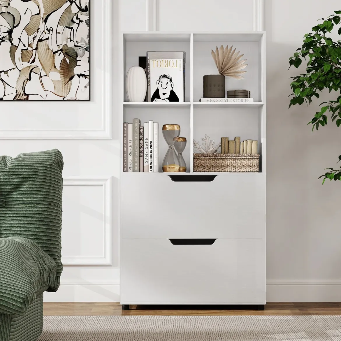 4-Würfel Bücherregal mit 2 Schubladen 130 cm 5-stufiges freistehendes Regal Weiß