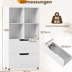 4-Würfel Bücherregal mit 2 Schubladen 130 cm 5-stufiges freistehendes Regal Weiß
