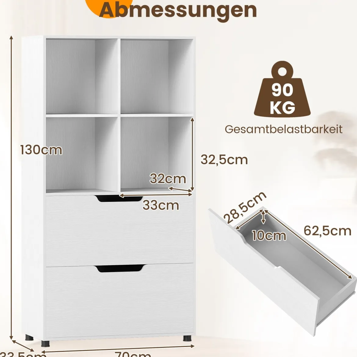 4-Würfel Bücherregal mit 2 Schubladen 130 cm 5-stufiges freistehendes Regal Weiß
