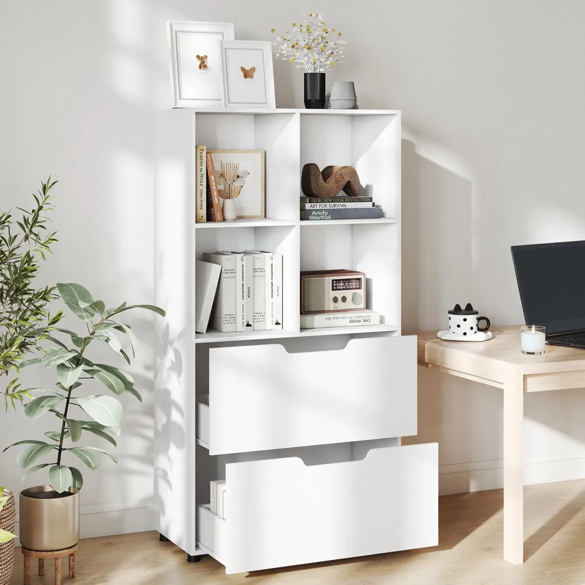 4-Würfel Bücherregal mit 2 Schubladen 130 cm 5-stufiges freistehendes Regal Weiß