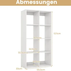 8-Würfel Bücherregal modernes Würfelregal mit Rückwand-Schutzgeländer & Kippschutz-Set 69,5 x 33 x 137 cm Weiß