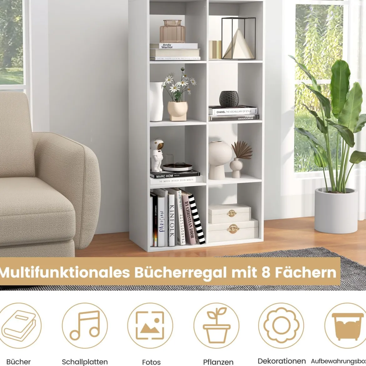 8-Würfel Bücherregal modernes Würfelregal mit Rückwand-Schutzgeländer & Kippschutz-Set 69,5 x 33 x 137 cm Weiß