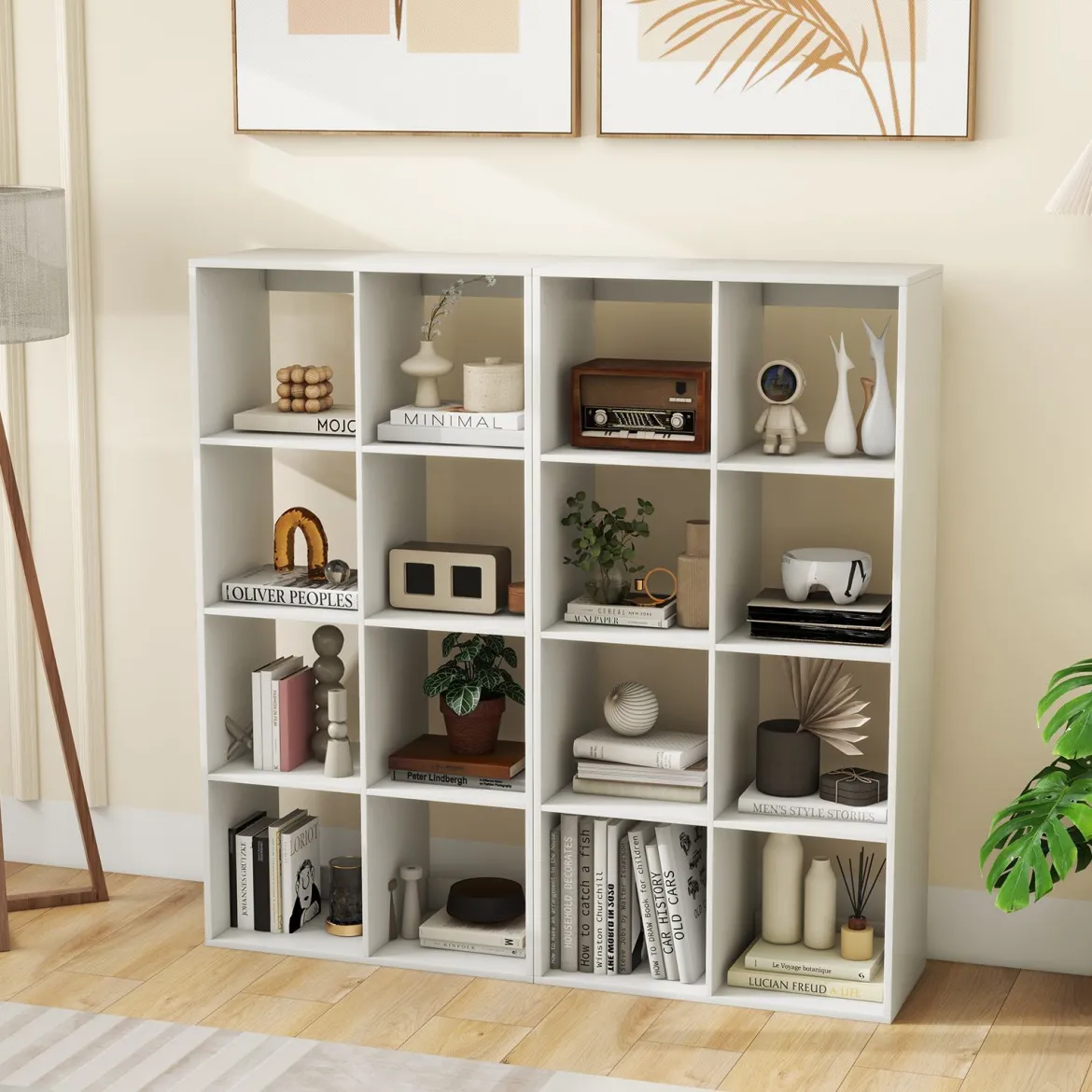 8-Würfel Bücherregal modernes Würfelregal mit Rückwand-Schutzgeländer & Kippschutz-Set 69,5 x 33 x 137 cm Weiß