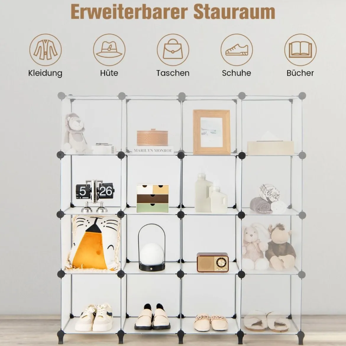Würfelregal mit 16 Fächern Modulares Aufbewahrungsregal 125 x 31 x 129 cm Halbtransparent