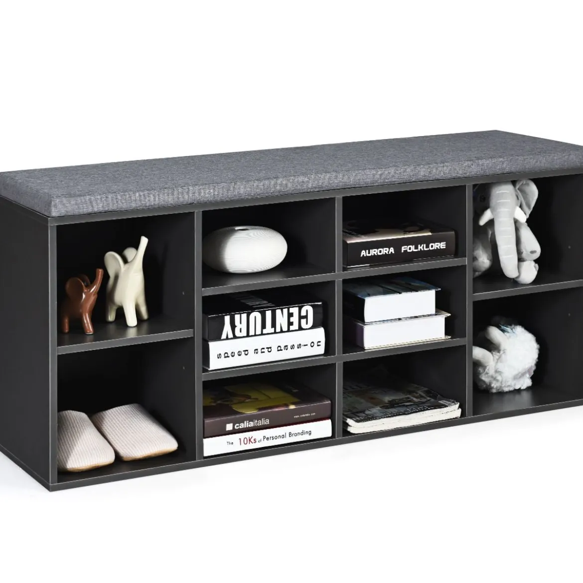 Würfelregal mit 10 Fächern Schuhbank mit Sitzfläche Schuhschrank 104 x 30 x 48 cm Grau