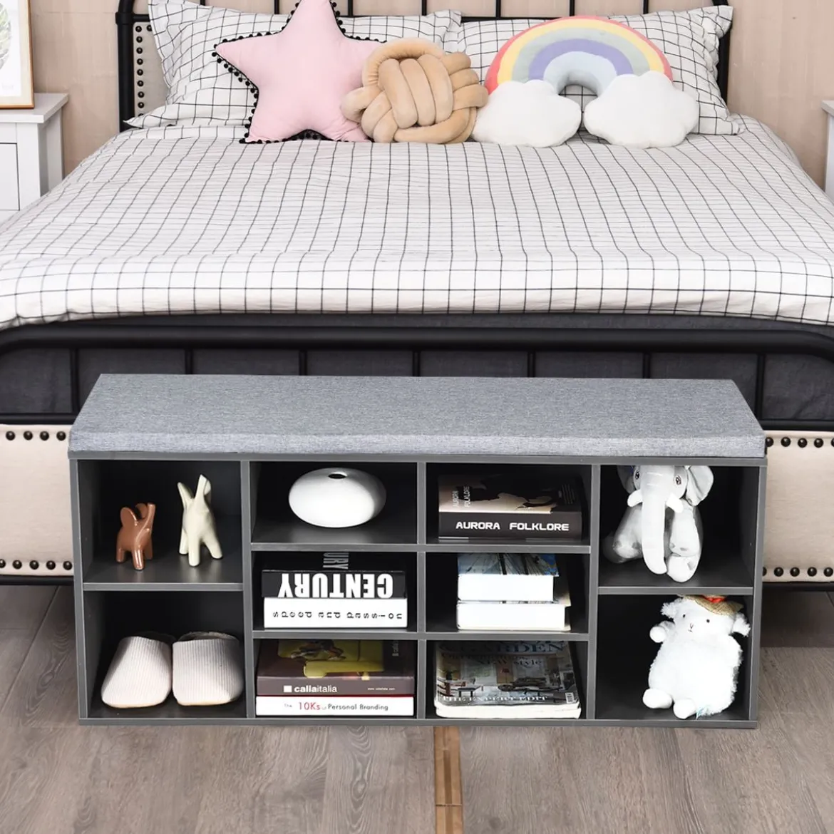 Würfelregal mit 10 Fächern Schuhbank mit Sitzfläche Schuhschrank 104 x 30 x 48 cm Grau