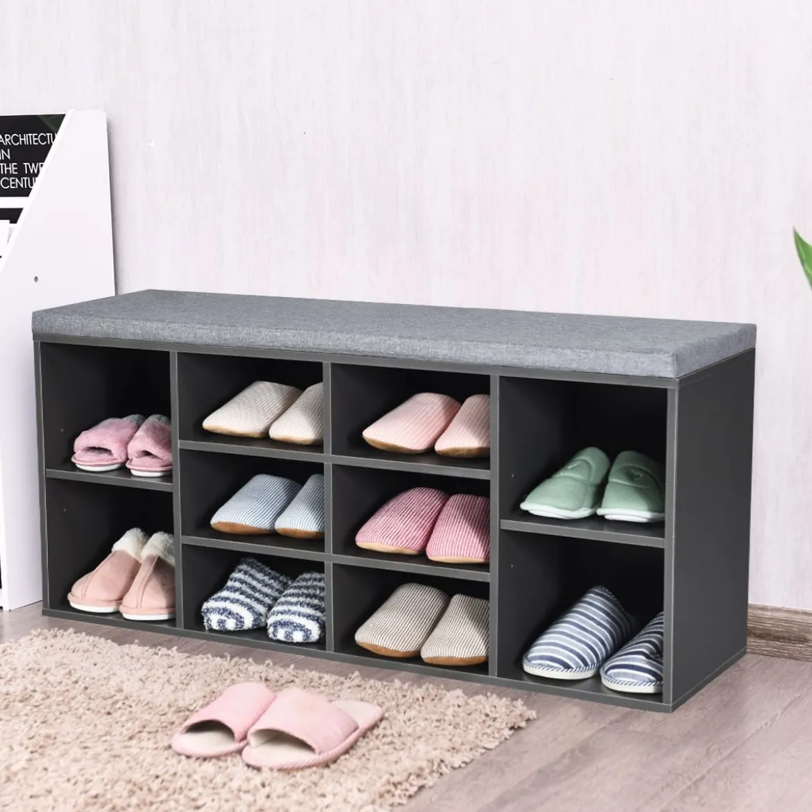 Würfelregal mit 10 Fächern Schuhbank mit Sitzfläche Schuhschrank 104 x 30 x 48 cm Grau