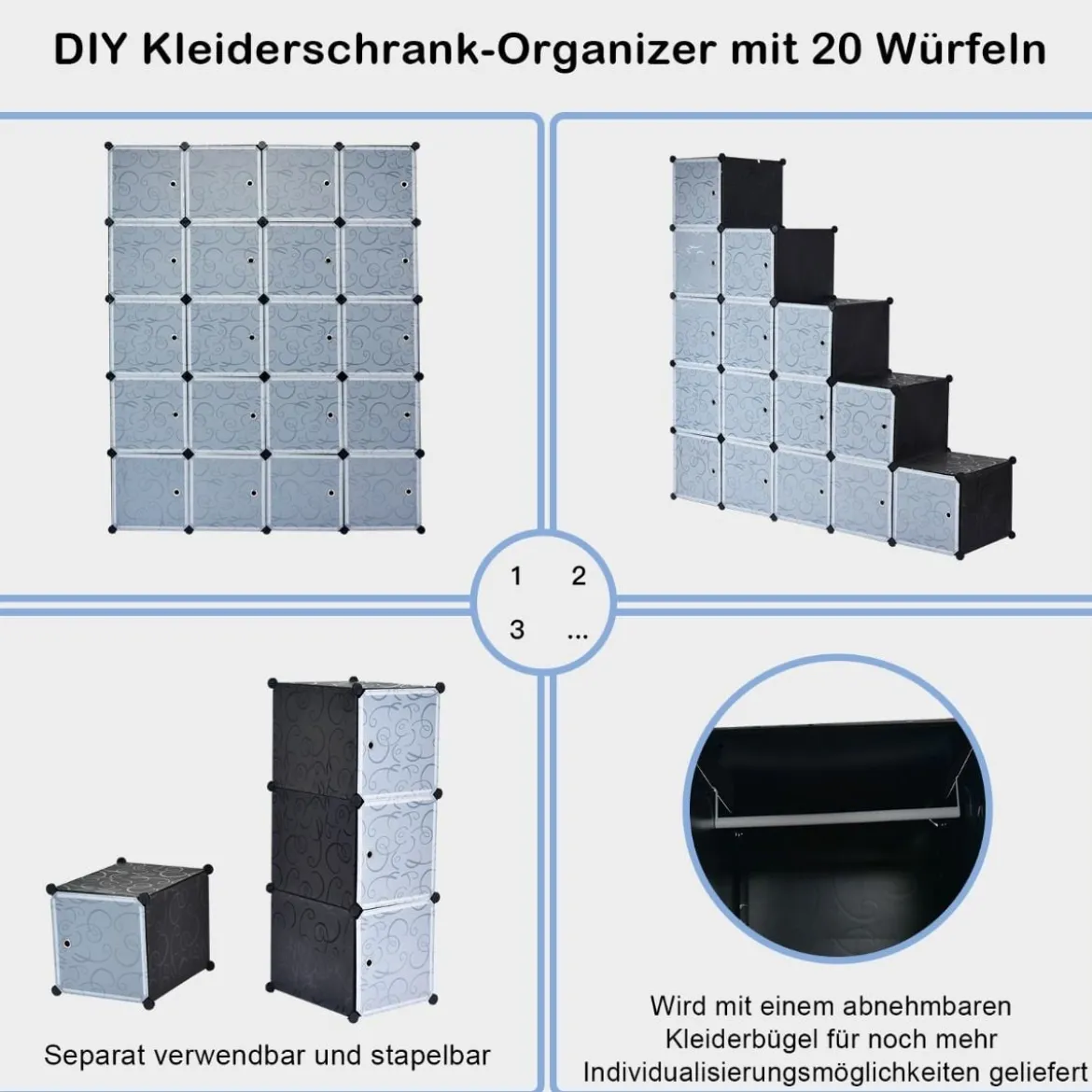20 Würfel Steckregal DIY Würfelregal stapelbar aus Kunststoff Regalsystem Schwarz