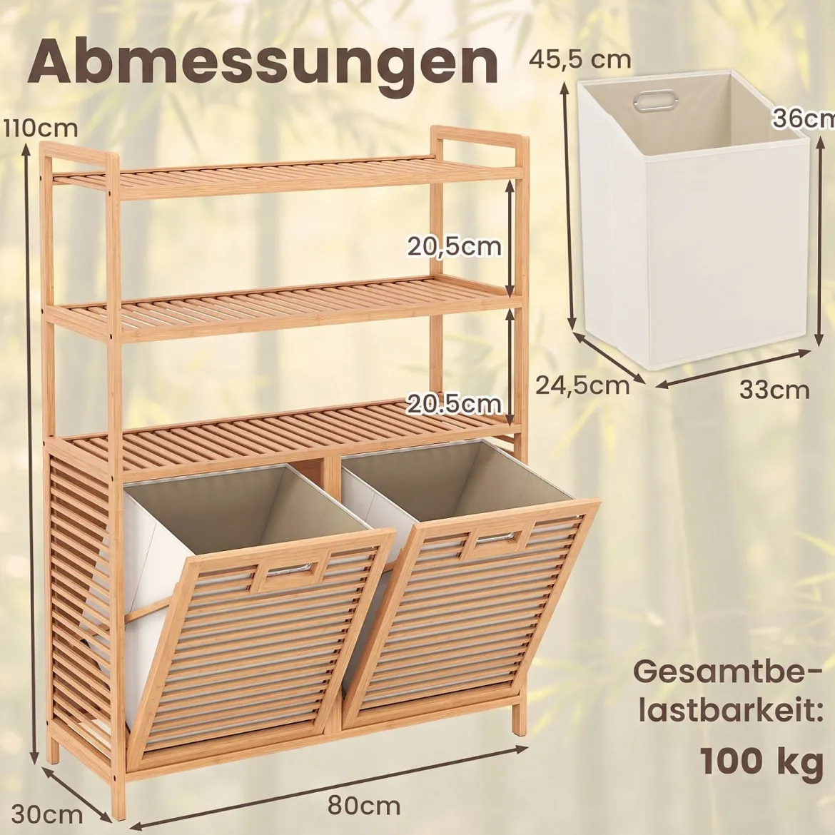 Wäschekorb aus Bambus mit 2 Fächern & 3-stufigem Ablagefach 80 x 30 x 110 cm Natur