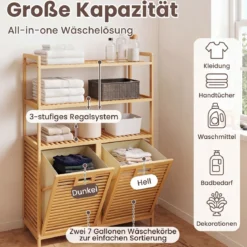 Wäschekorb aus Bambus mit 2 Fächern & 3-stufigem Ablagefach 80 x 30 x 110 cm Natur