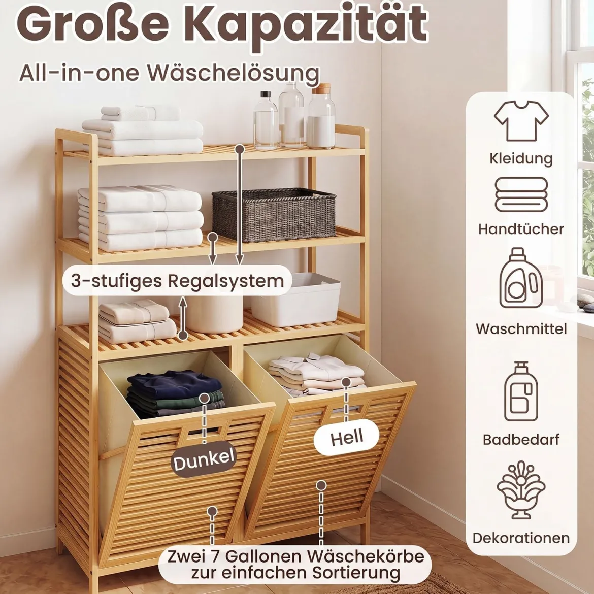 Wäschekorb aus Bambus mit 2 Fächern & 3-stufigem Ablagefach 80 x 30 x 110 cm Natur