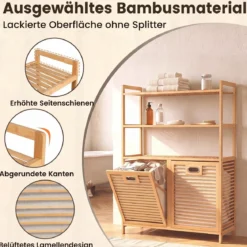 Wäschekorb aus Bambus mit 2 Fächern & 3-stufigem Ablagefach 80 x 30 x 110 cm Natur
