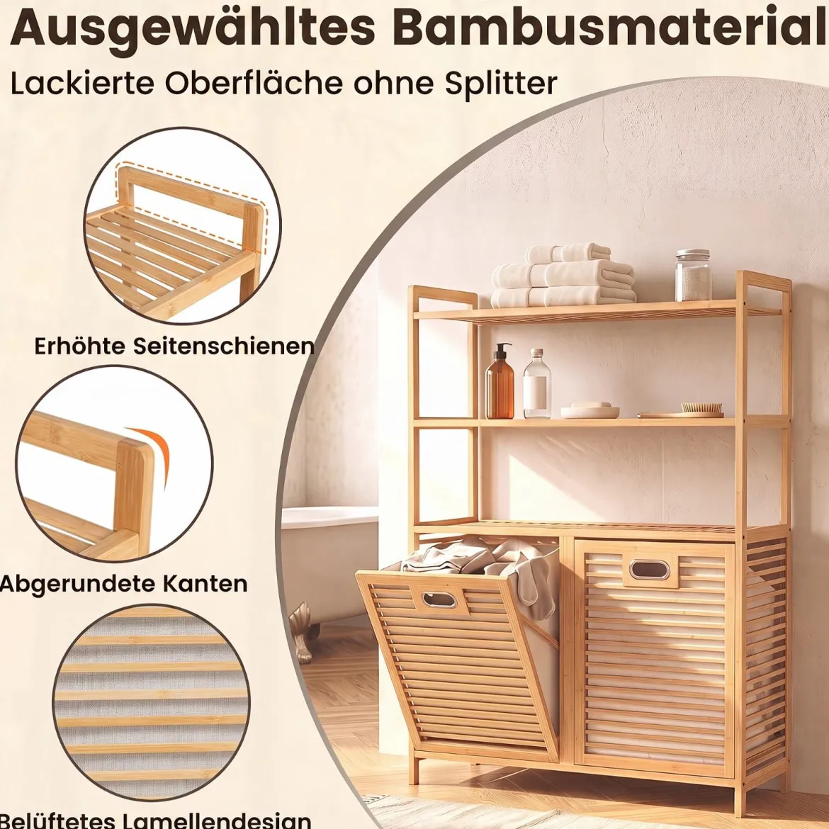 Wäschekorb aus Bambus mit 2 Fächern & 3-stufigem Ablagefach 80 x 30 x 110 cm Natur