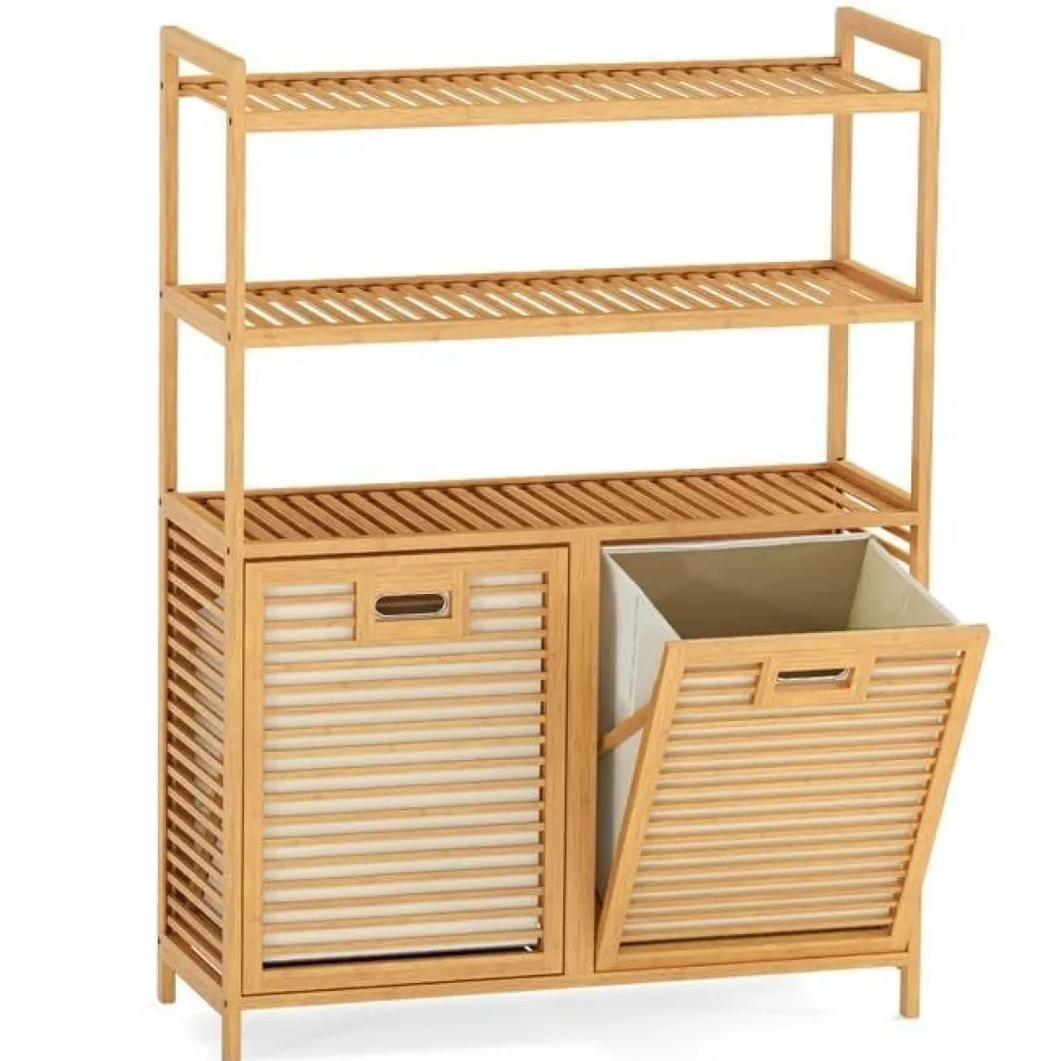 Wäschekorb aus Bambus mit 2 Fächern & 3-stufigem Ablagefach 80 x 30 x 110 cm Natur