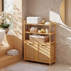 Wäschekorb aus Bambus mit 2 Fächern & 3-stufigem Ablagefach 80 x 30 x 110 cm Natur