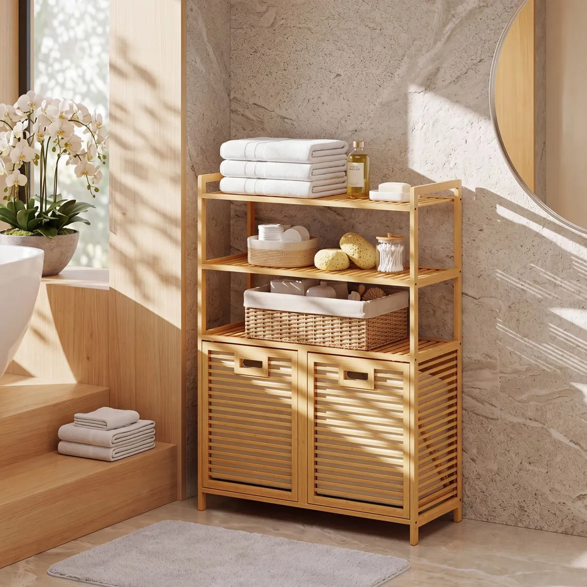 Wäschekorb aus Bambus mit 2 Fächern & 3-stufigem Ablagefach 80 x 30 x 110 cm Natur
