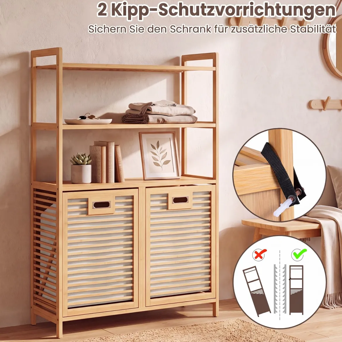 Wäschekorb aus Bambus mit 2 Fächern & 3-stufigem Ablagefach 80 x 30 x 110 cm Natur