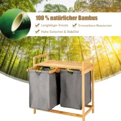 Wäschekorb 2 Fächer mit 2 ausziehbaren Wäschesäcken Wäschesammler mit Ablage Weiß/Grau