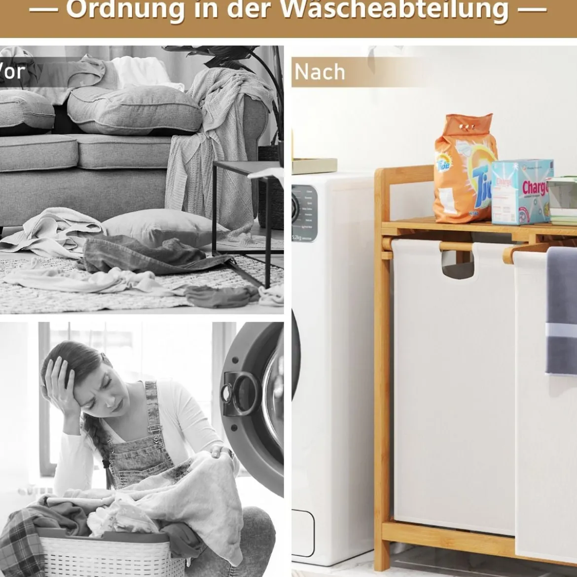 Wäschekorb 2 Fächer mit 2 ausziehbaren Wäschesäcken Wäschesammler mit Ablage Weiß/Grau