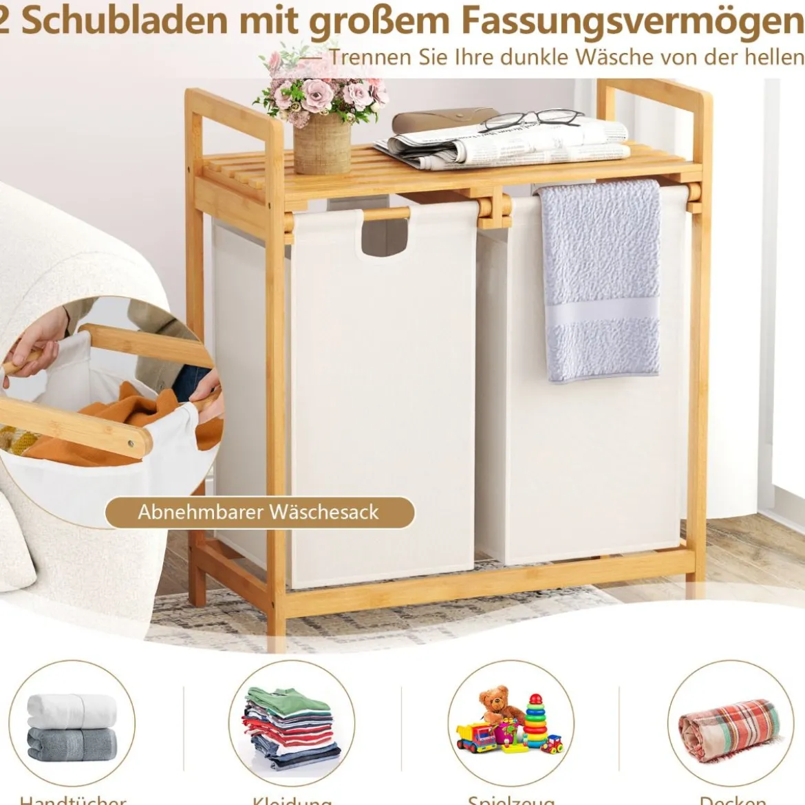Wäschekorb 2 Fächer mit 2 ausziehbaren Wäschesäcken Wäschesammler mit Ablage Weiß/Grau