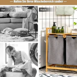 Wäschekorb 2 Fächer mit 2 ausziehbaren Wäschesäcken Wäschesammler mit Ablage Weiß/Grau