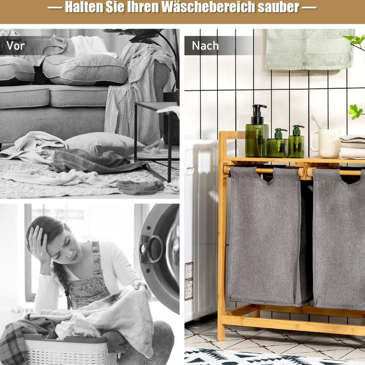 Wäschekorb 2 Fächer mit 2 ausziehbaren Wäschesäcken Wäschesammler mit Ablage Weiß/Grau