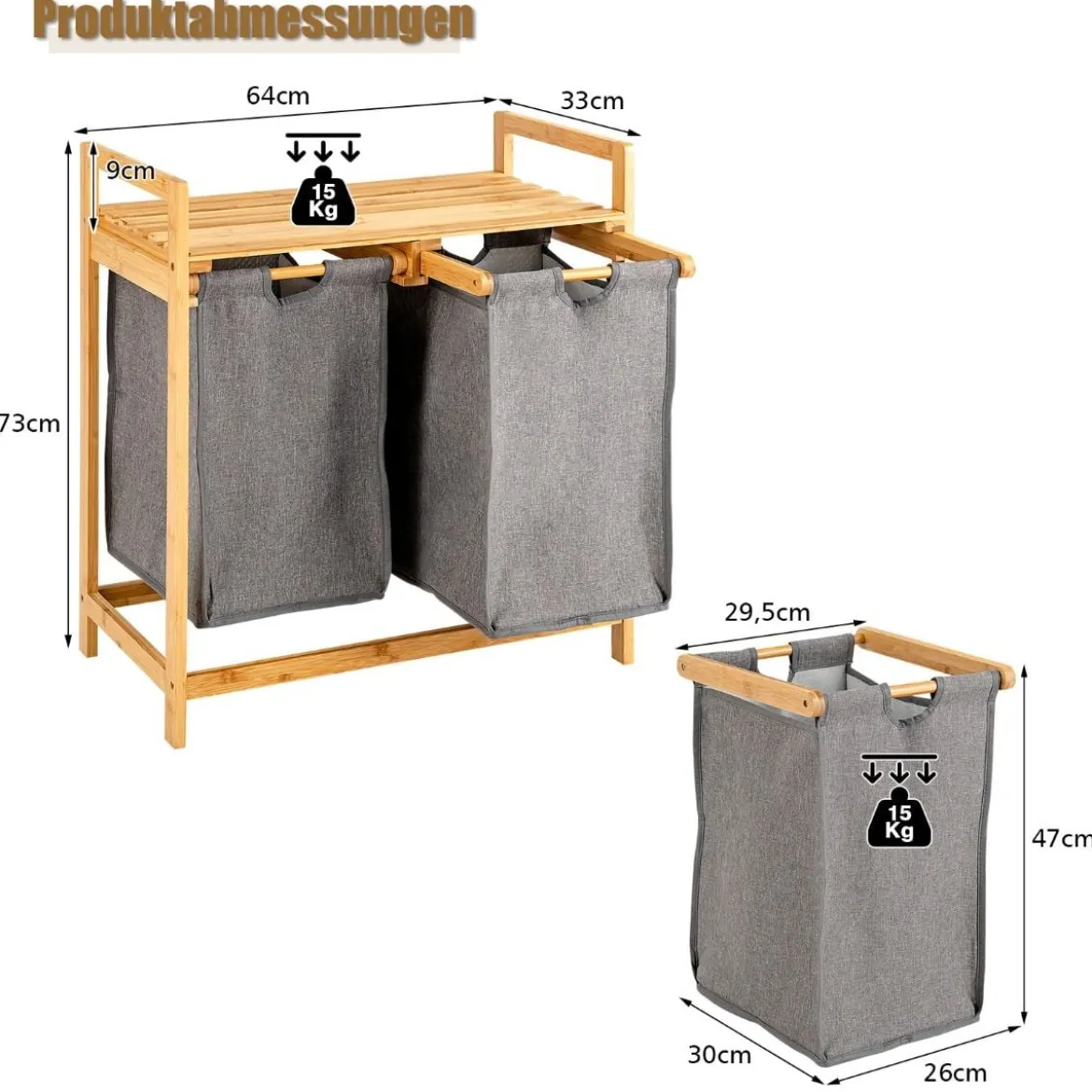 Wäschekorb 2 Fächer mit 2 ausziehbaren Wäschesäcken Wäschesammler mit Ablage Weiß/Grau