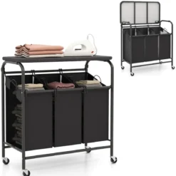 Wäschekorb mit Bügelbrett & 3 Fächern & Deckel & Rollen Wäschesammler Wäschesortierwagen