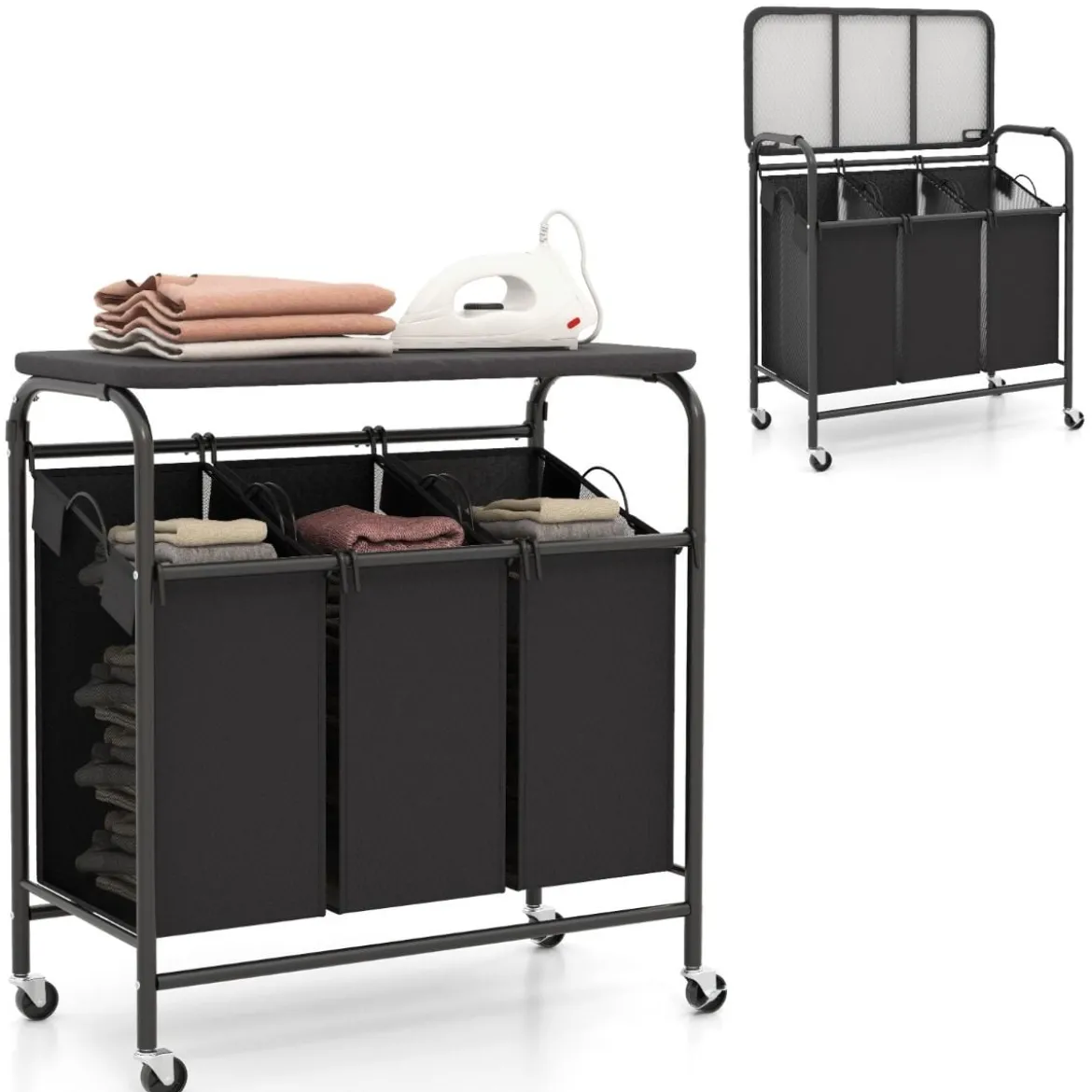 Wäschekorb mit Bügelbrett & 3 Fächern & Deckel & Rollen Wäschesammler Wäschesortierwagen