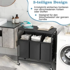 Wäschekorb mit Bügelbrett & 3 Fächern & Deckel & Rollen Wäschesammler Wäschesortierwagen