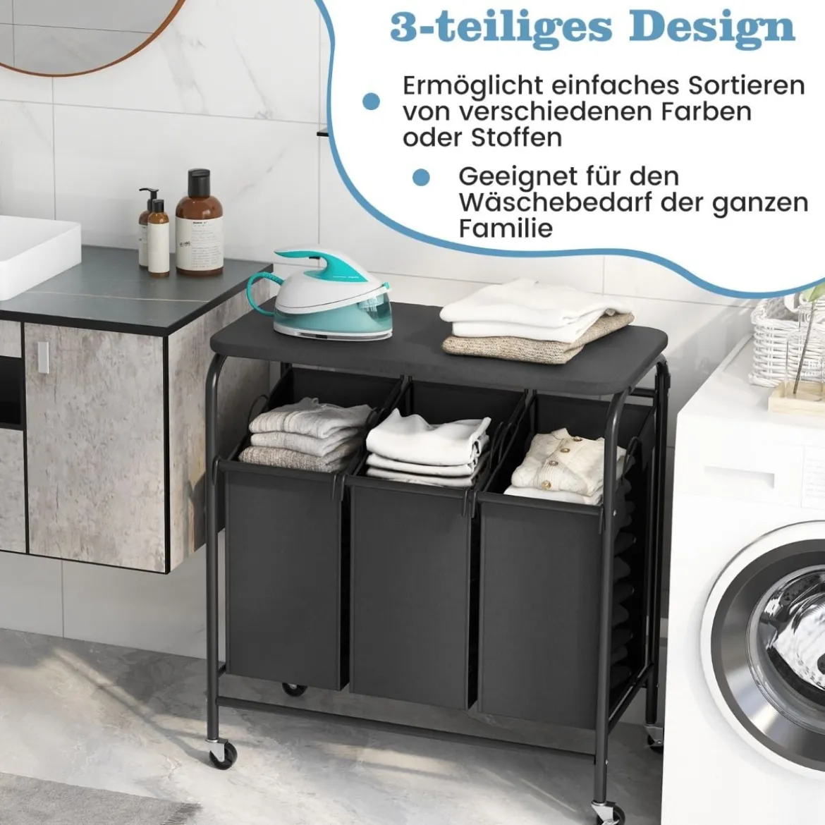 Wäschekorb mit Bügelbrett & 3 Fächern & Deckel & Rollen Wäschesammler Wäschesortierwagen