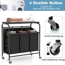 Wäschekorb mit Bügelbrett & 3 Fächern & Deckel & Rollen Wäschesammler Wäschesortierwagen