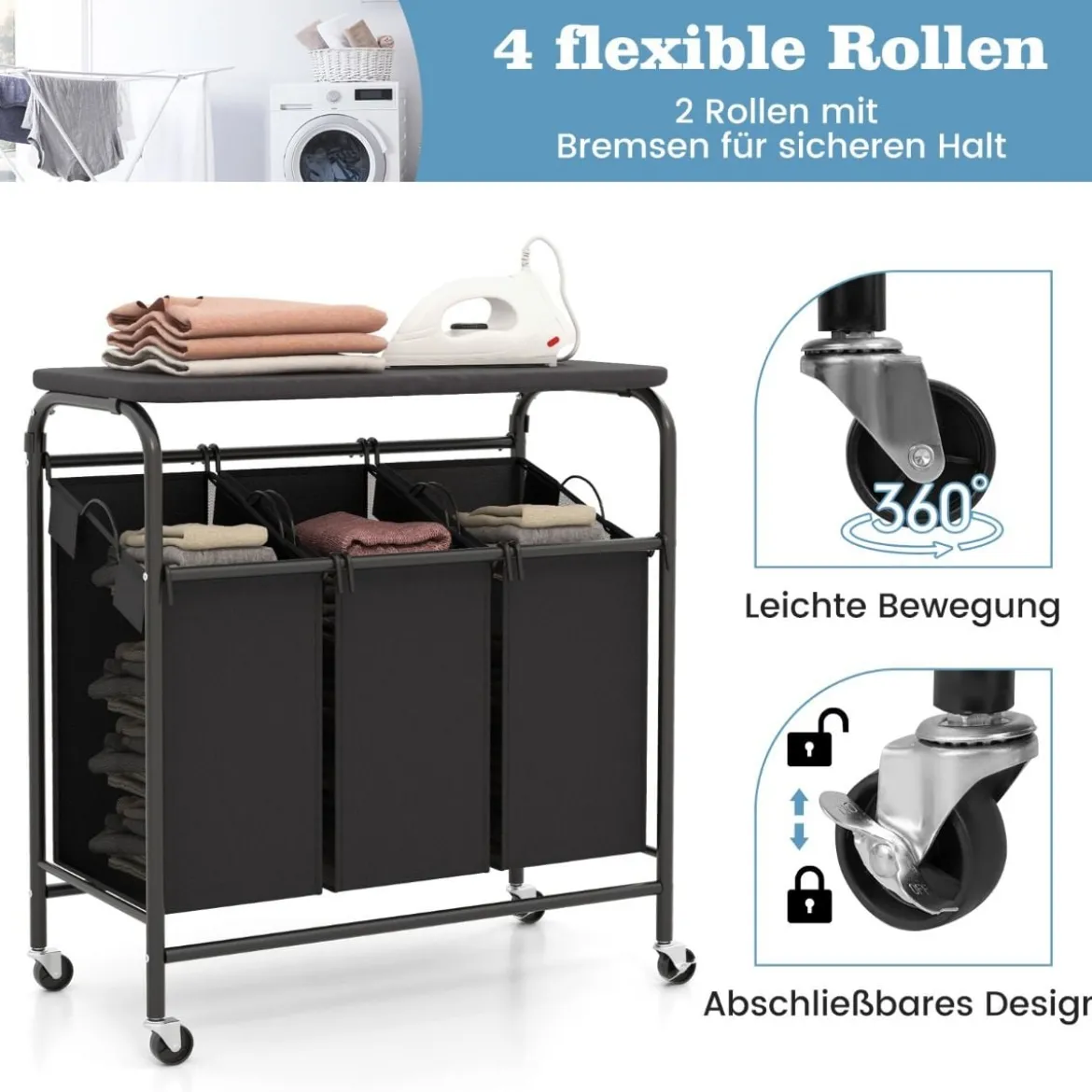 Wäschekorb mit Bügelbrett & 3 Fächern & Deckel & Rollen Wäschesammler Wäschesortierwagen
