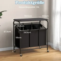 Wäschekorb mit Bügelbrett & 3 Fächern & Deckel & Rollen Wäschesammler Wäschesortierwagen