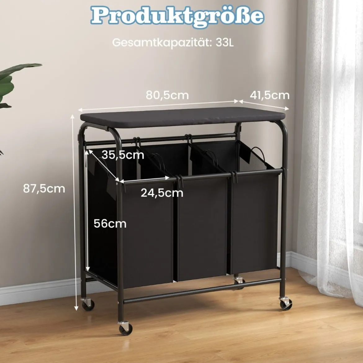 Wäschekorb mit Bügelbrett & 3 Fächern & Deckel & Rollen Wäschesammler Wäschesortierwagen