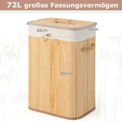 Wäschekorb mit Deckel Bambuskorb mit Innentasche & 72 L Kapazität 42 x 32 x 60 cm Natur