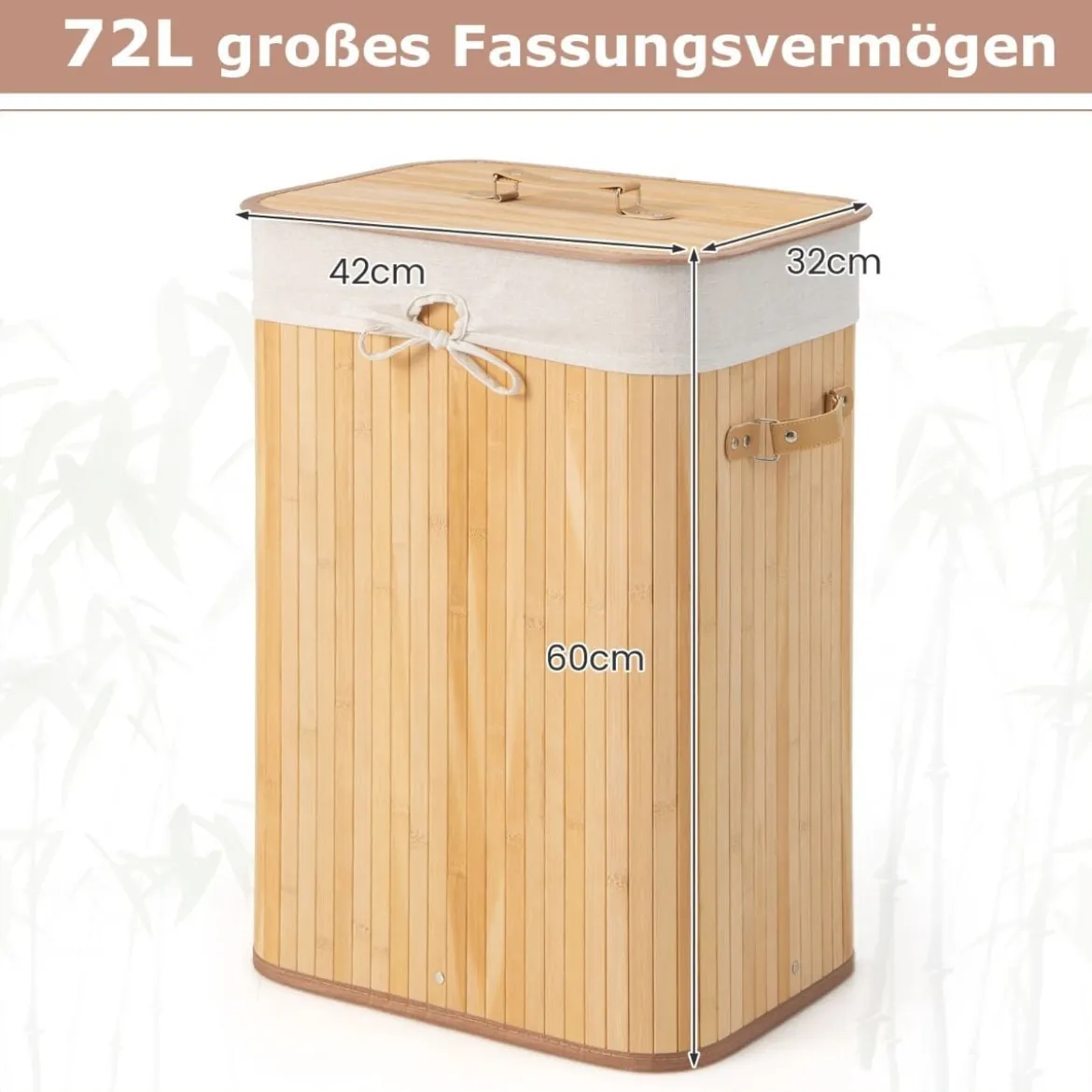 Wäschekorb mit Deckel Bambuskorb mit Innentasche & 72 L Kapazität 42 x 32 x 60 cm Natur