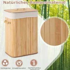 Wäschekorb mit Deckel Bambuskorb mit Innentasche & 72 L Kapazität 42 x 32 x 60 cm Natur