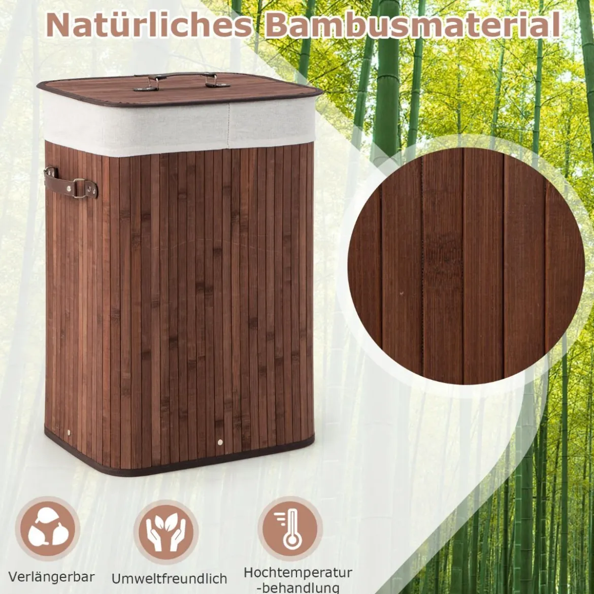 Wäschekorb mit Deckel Bambuskorb mit Innentasche & 72 L Kapazität 42 x 32 x 60 cm Kaffee