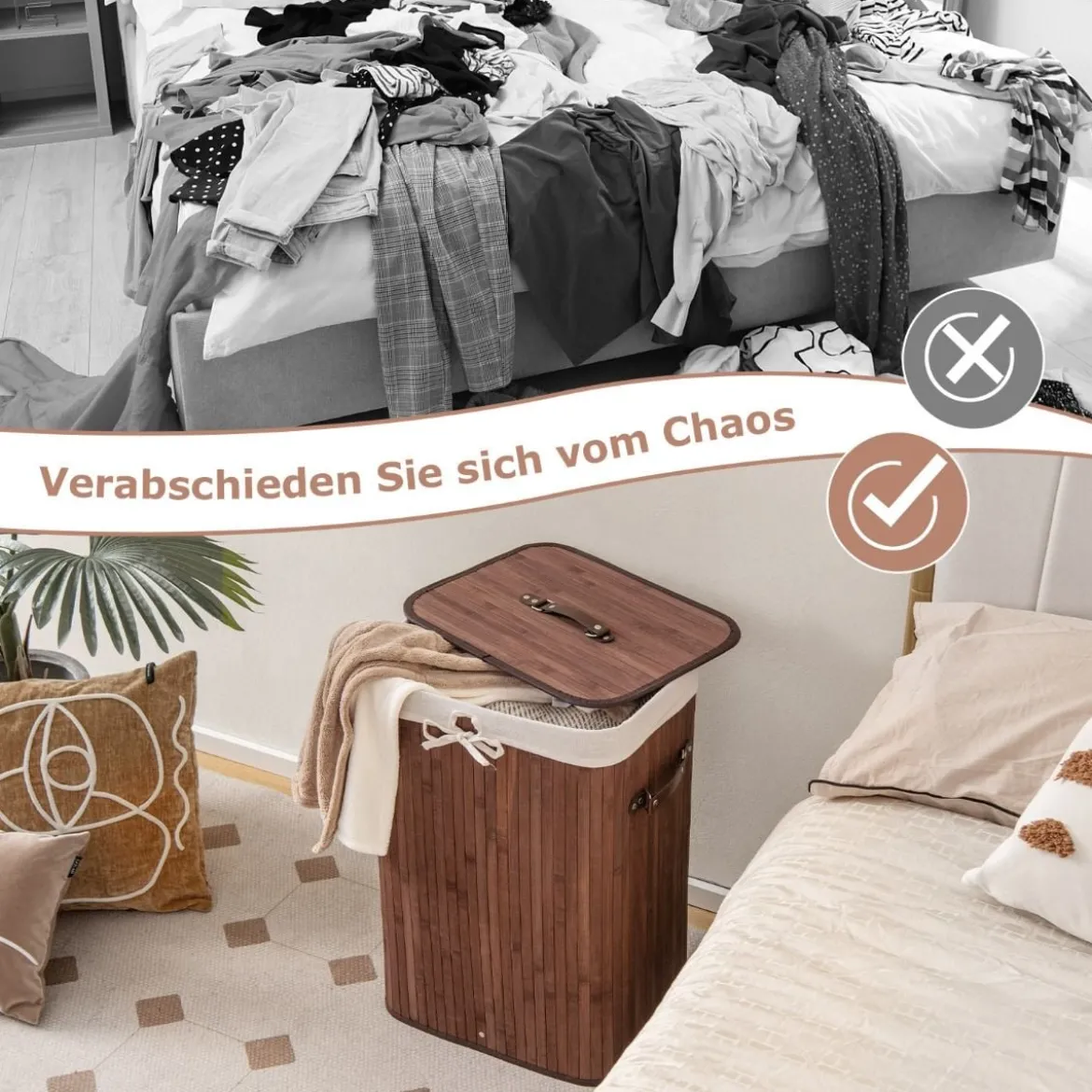 Wäschekorb mit Deckel Bambuskorb mit Innentasche & 72 L Kapazität 42 x 32 x 60 cm Kaffee