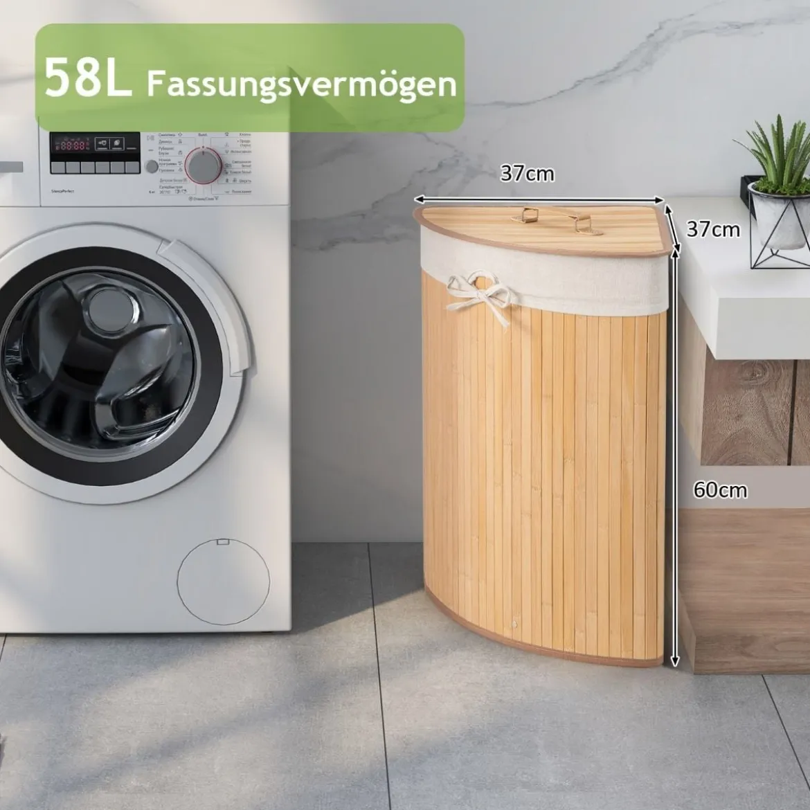 Wäschekorb mit Deckel Bambuskorb mit 58 L Fassungsvermögen 38 x 38 x 60 cm Natur