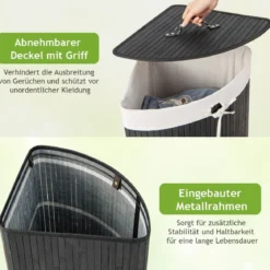 Wäschekorb mit Deckel Bambuskorb mit 58 L Fassungsvermögen 38 x 38 x 60 cm Schwarz
