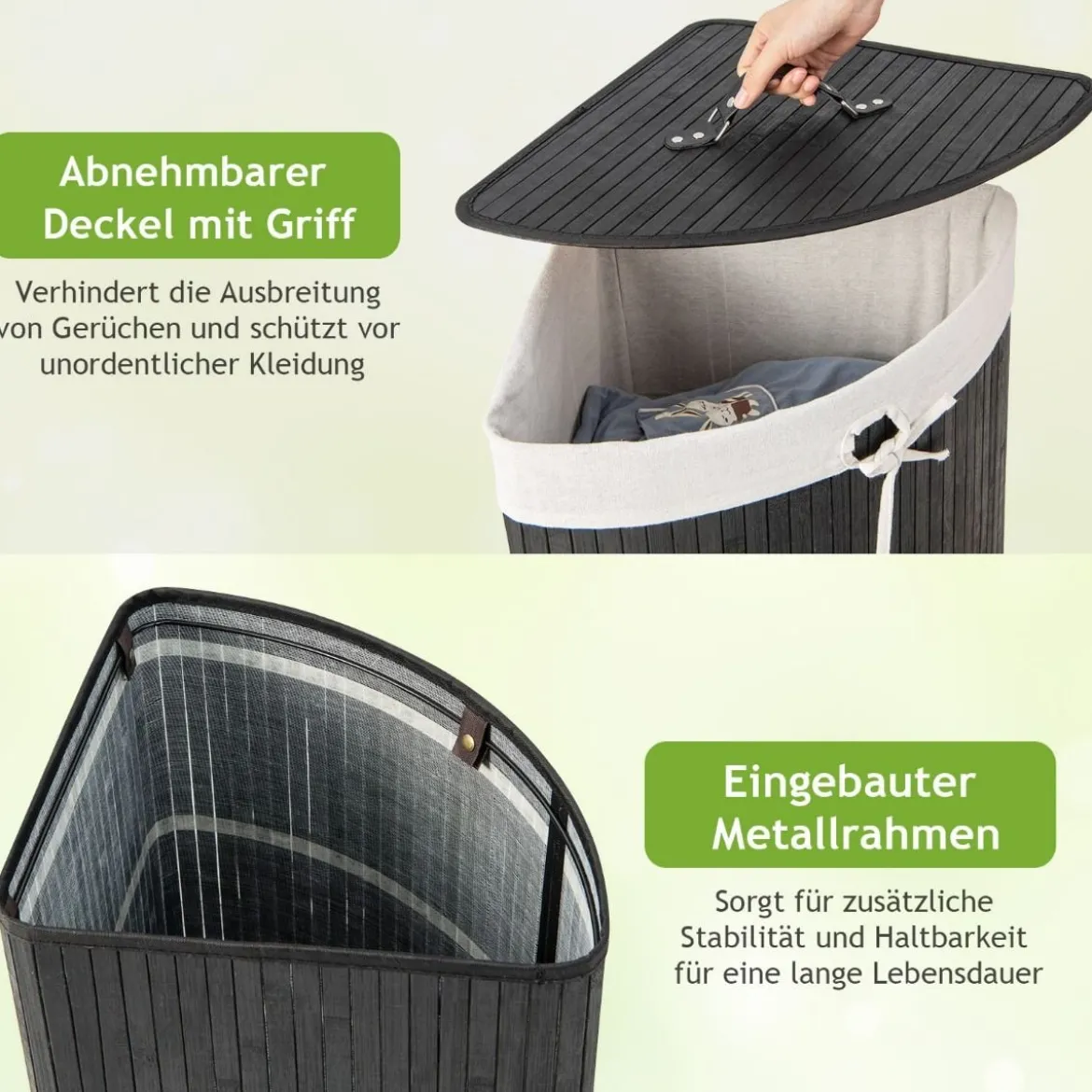 Wäschekorb mit Deckel Bambuskorb mit 58 L Fassungsvermögen 38 x 38 x 60 cm Schwarz
