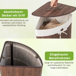 Wäschekorb mit Deckel Bambuskorb mit 58 L Fassungsvermögen 38 x 38 x 60 cm Kaffee