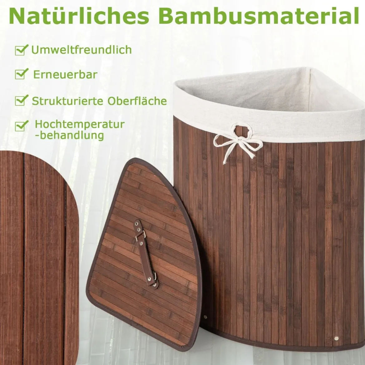 Wäschekorb mit Deckel Bambuskorb mit 58 L Fassungsvermögen 38 x 38 x 60 cm Kaffee